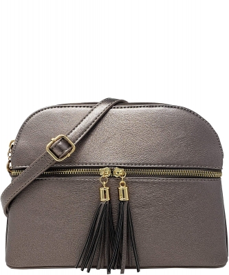 Zip Tassel Multi Compartment Crossbody Bag LP050 PEWTER